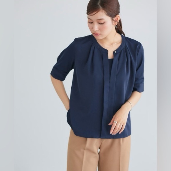 Ann Taylor Navy Blue Short-Sleeve Semi-Sheer Cinched Ruched Neck Work Blouse XL - Picture 5 of 16